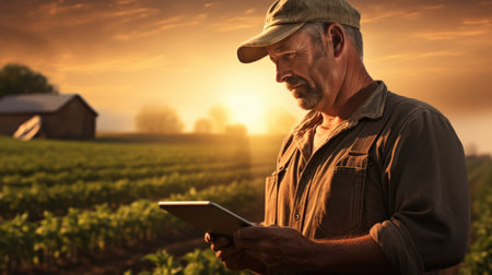 A man standing in a field holding a tabletの素材
