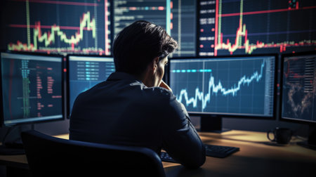 A man sitting in front of three computer monitors, stock market crisis, shares going down.の素材