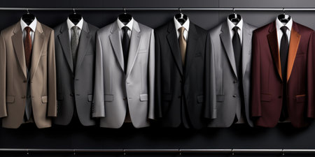 A row of mens suits hanging on a rackの素材