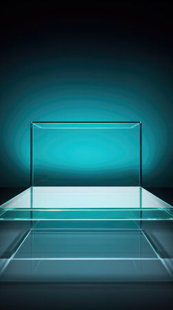 A glass display case on a black surface, transparent glass podium, copy-space.の素材