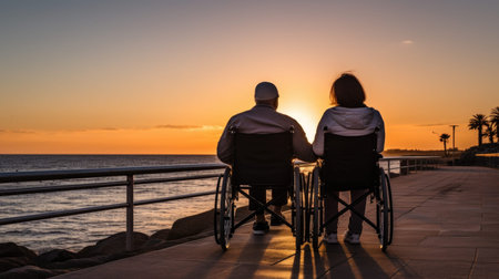 Two people in wheelchairs looking out at the oceanの素材