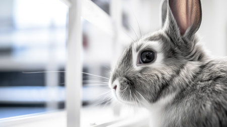 A close up of a rabbit looking out a windowの素材