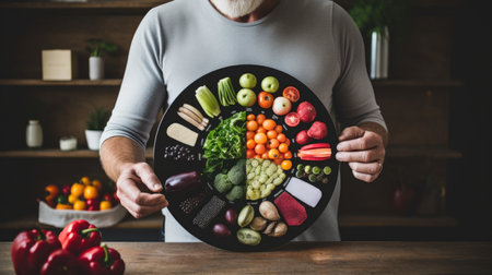 A man holding a plate with a variety of fruits and vegetables on itの素材