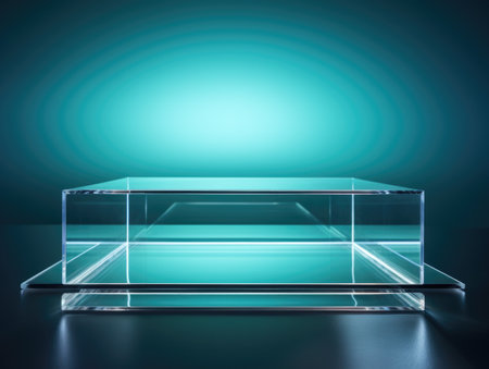 A glass table with a green light in the background, transparent glass podium, copy-space.の素材