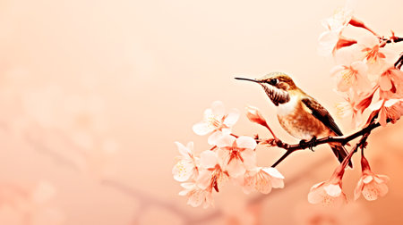 A hummingbird perched on a branch of a cherry tree, on peach fuzz background.の素材