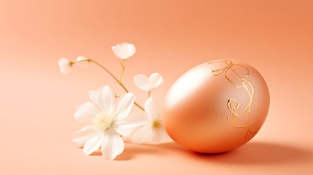 A golden egg and a white flower on a pink background, on peach fuzz background. Happy Easter.の素材