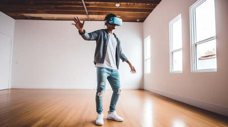 A man wearing a virtual reality headset in a roomの素材