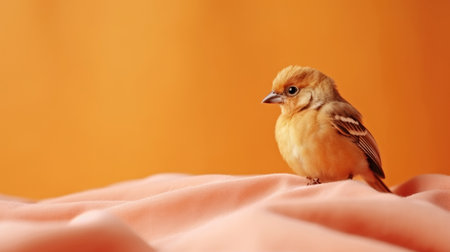 A small yellow bird sitting on top of a pink blanket, on peach fuzz background.の素材