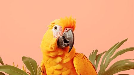 A yellow parrot sitting on top of a green plant, on peach fuzz background.の素材