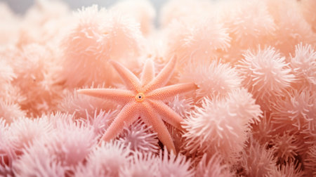 A close up of a starfish on a bed of pink flowers, on peach fuzz background.の素材