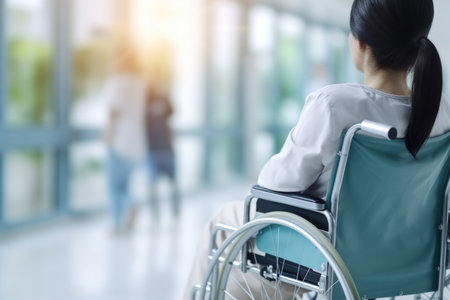 A woman in a wheelchair in a hospital hallwayの素材