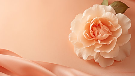 A single white flower sitting on top of a pink cloth, on peach fuzz background.の素材