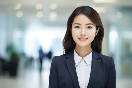 A woman in a business suit smiling at the cameraの素材