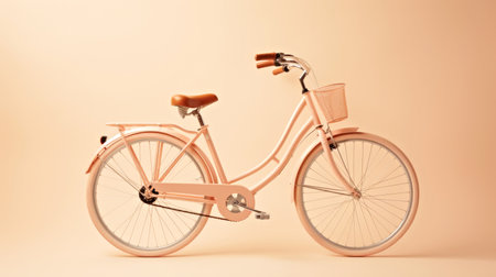A pink bicycle with a basket on the front wheel, on peach fuzz background.の素材