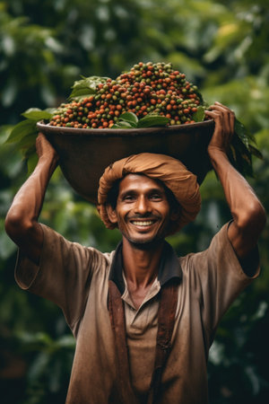 A man carrying a bowl of coffee beans on his head, seasonal worker or a farmer on coffee plantation.の素材