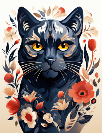 A black cat with yellow eyes surrounded by flowersの素材