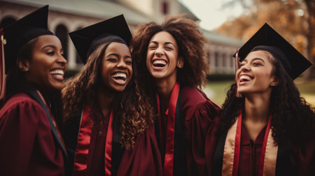 A group of women in graduation gowns laughingの素材