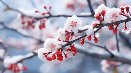 A close up of a branch of a tree covered in snow, plum blossoms under snowの素材