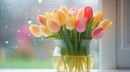 A vase filled with yellow and pink tulips, spring, springtime background, Mothers day greeting card.の素材