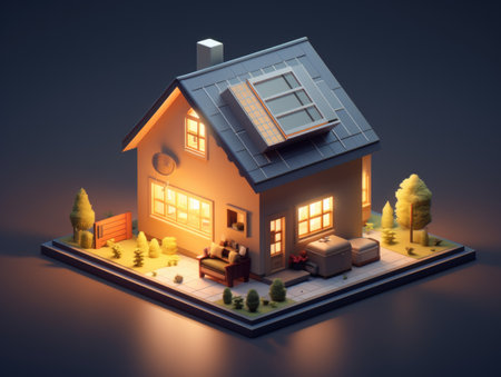 A model of small house is lit up at nightの素材