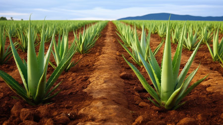 A field of aloei growing in the middle of the day, aloe vera field.の素材