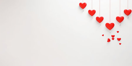 A group of red hearts hanging from strings, Valentines day greeting card.の素材