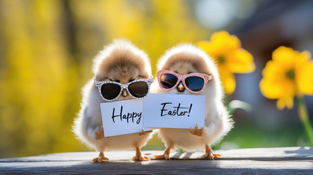 Two little chickens wearing sunglasses and holding a piece of paper, funny birthday or Easter greeting card design.の素材