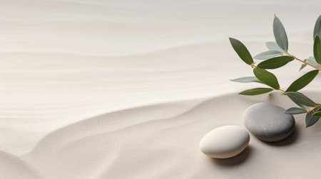 A couple of rocks sitting on top of a sandy beach, simple natural zen background.の素材