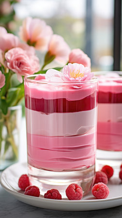 Two desserts with raspberries on a plate, Valentines day desserts.の素材