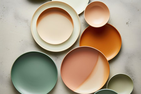 A bunch of different colored plates on a tableの素材