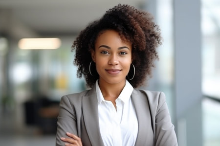 A woman in a business suit standing with her arms crossedの素材