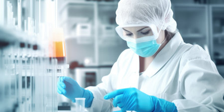 A woman in a white lab coat and blue gloves. Biotechnology, molecular biology analysis in laboratory.の素材