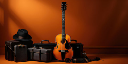 A guitar, hat, suitcases and a hat on a tableの素材