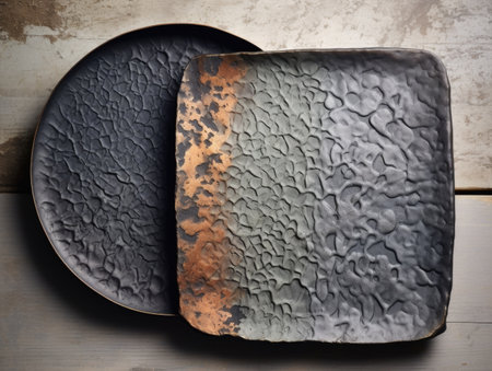 A couple of plates sitting on top of a wooden table, cast iron grill plates.の素材