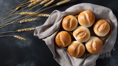 A bunch of bread buns rolls sitting on top of a cloth, overhead image on black table with wheat earsの素材