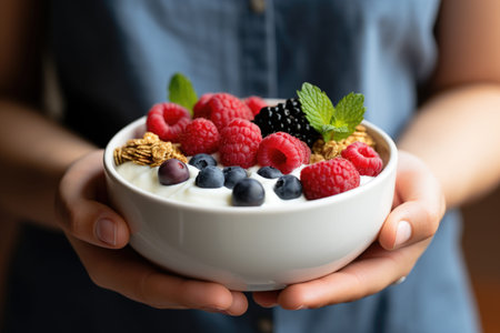 A person holding a bowl of fruit and yogurtの素材