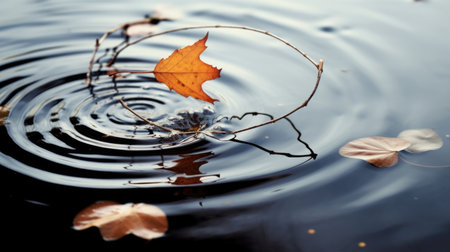 A leaf floating on top of a body of water, Autumn leaves floating on the water surfaceの素材