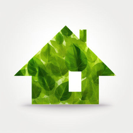 A house made out of leaves on a white background, green energy, symbol of utilizing solar power for sustainable growth.の素材