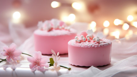 Two pink cakes sitting on top of a tableの素材
