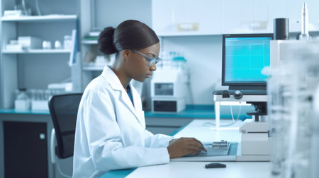 A woman in a lab coat working on a laptop, an african tech, phd student or young scientist researcher.の素材