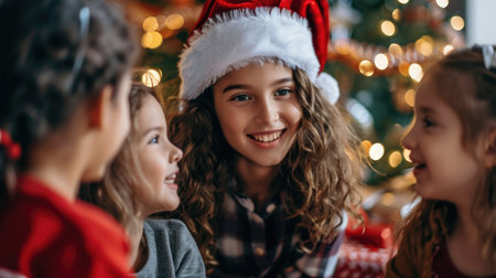 A woman in a santa hat reads a book to childrenの素材