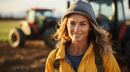 A woman standing in front of a tractor, rooted in hard work, cultivating dreamsの素材