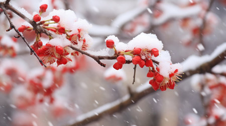 A close up of a branch of a tree covered in snow, red plum blossoms under snowの素材