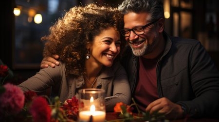 A man and woman sitting at a table with a candle, celebrate Valentines Day with a mature romanceの素材