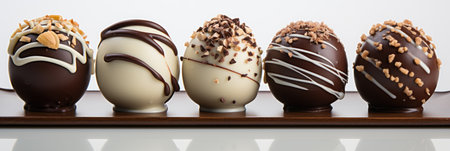 A row of assorted chocolate pralines, truffle, on neutral background, dessert for St. Valentines dayの素材