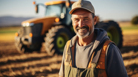 A man standing in front of a tractor in a field, rooted in hard work, cultivating dreamsの素材