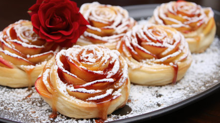 A plate of pastries with powdered sugar and a rose, Valentines day desserts.の素材