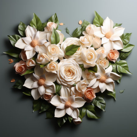 A heart shaped arrangement of flowers on a table, St Valentines day, birthday, anniversary greeting card designの素材