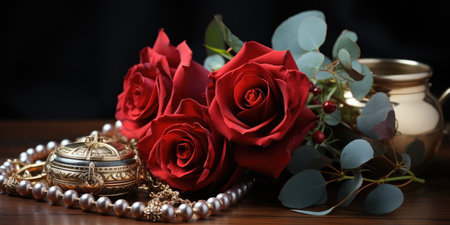 A bunch of red roses sitting on top of a wooden table St Valentines day greeting card design.の素材