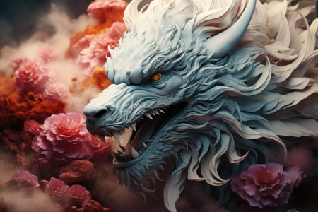 A close up of a statue of a dragon surrounded by flowersの素材